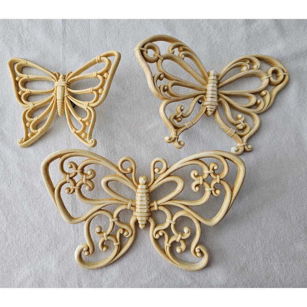 Vintage Homco Home Interiors Set of 3 Faux Wicker Butterflies Wall Hanging Decor